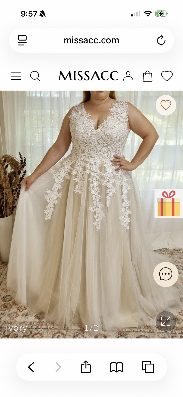 MISSACC Ivory A-Line V-Neck Tulle Lace Applique Full-Length Wedding Dress