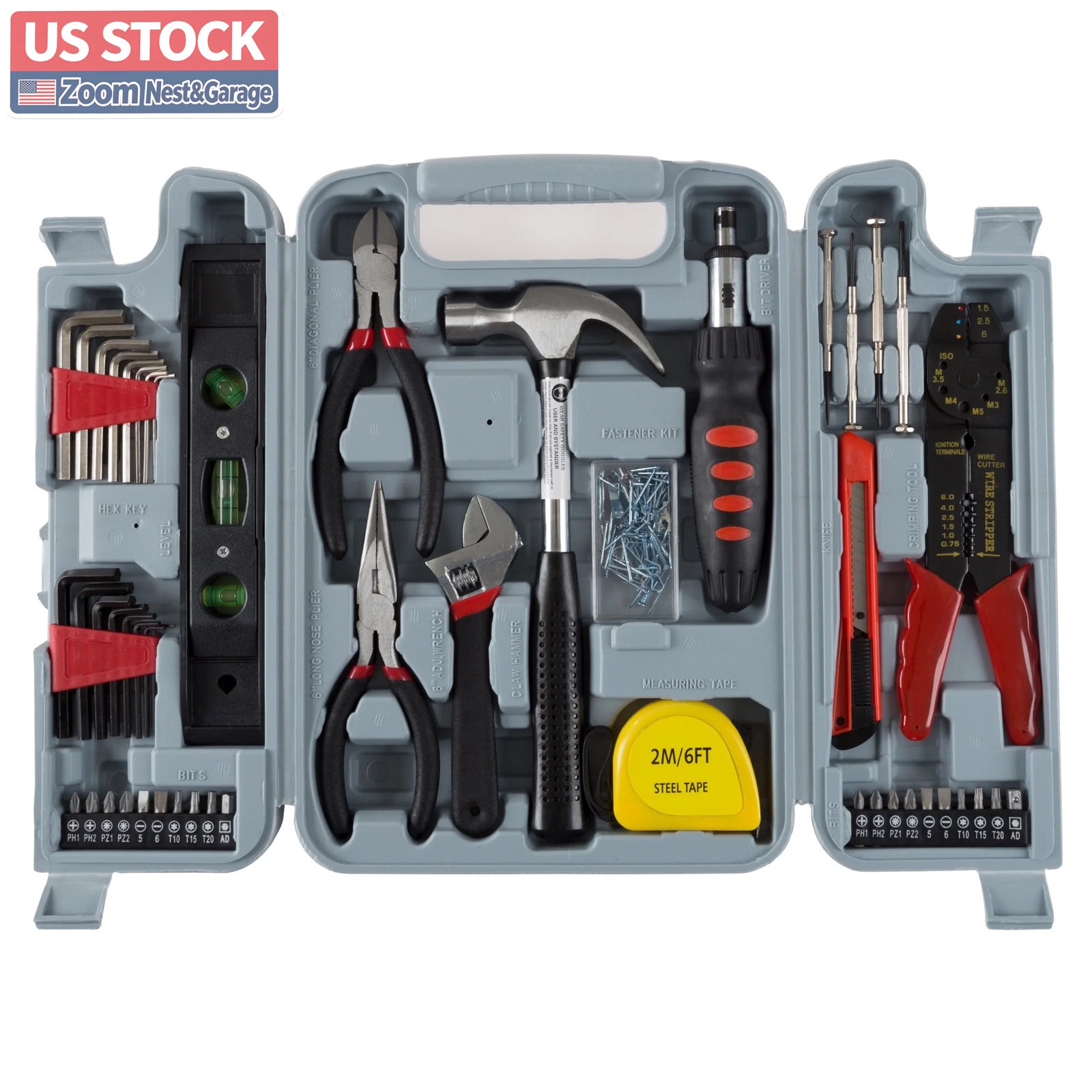 US Stock Stalwart 130-Pc Hand Tool Set for Home Improvement Projects, Gray