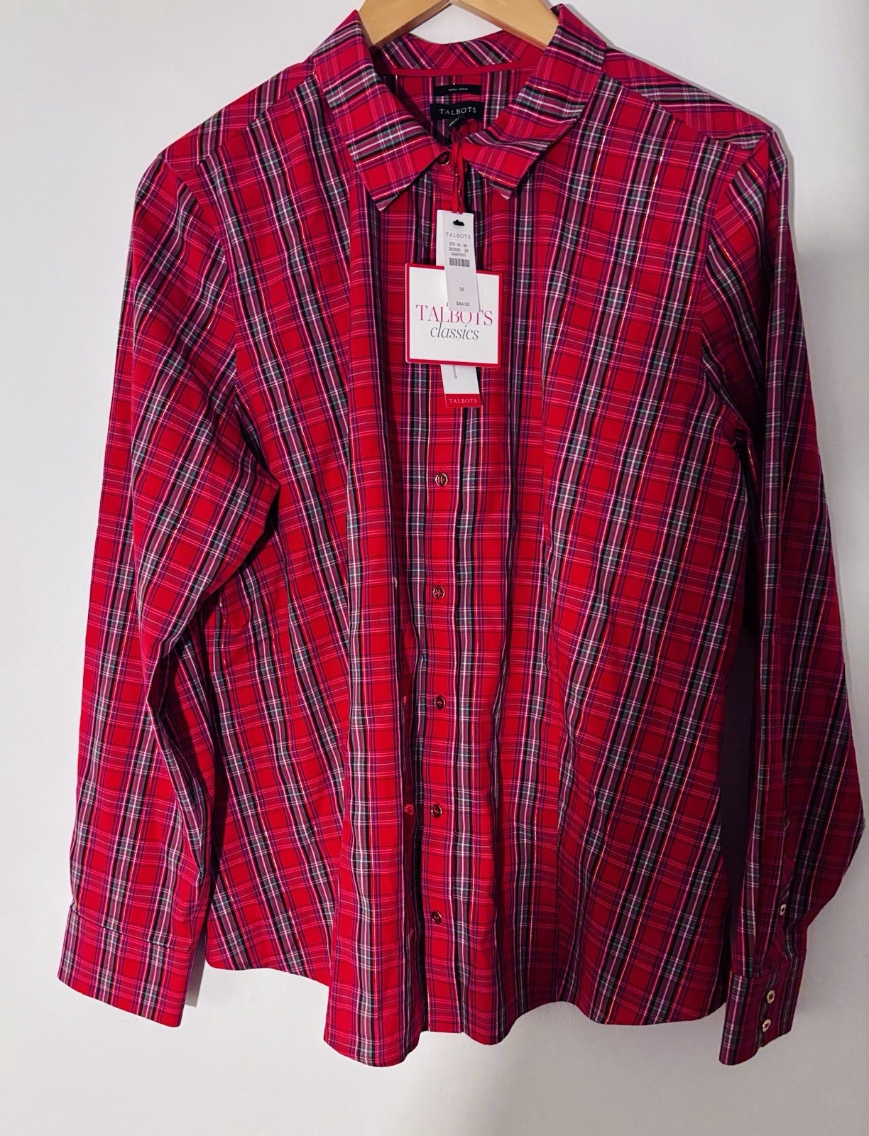 Talbots Red Holiday Plaid Non Iron Button Down Long Sleeve Blouse NWT 2XL