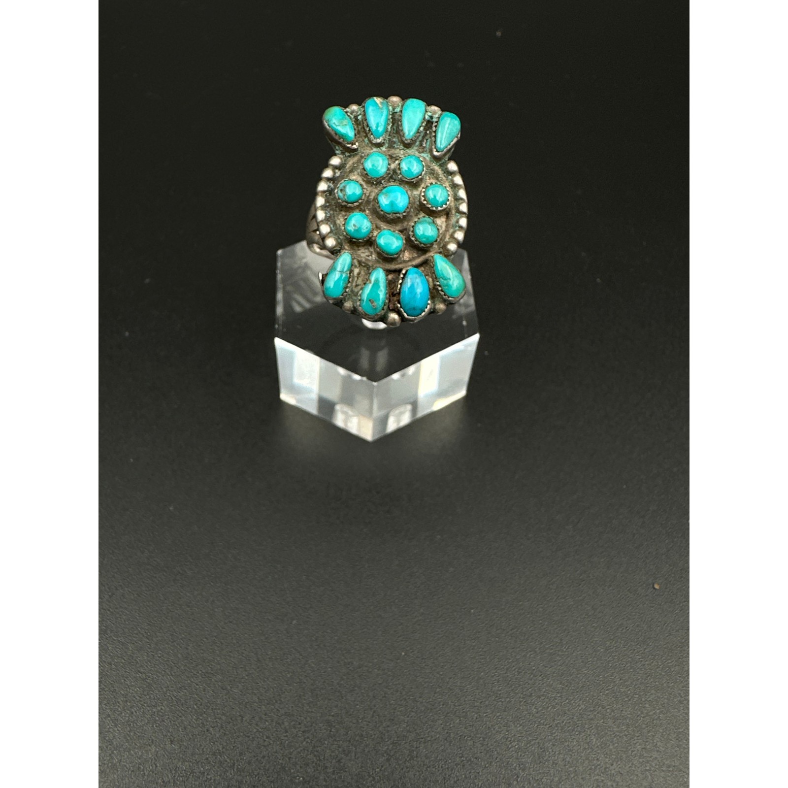 Vintage Zuni Turquoise Petit Point Cluster Ring, Size 6 1/4, Sterling