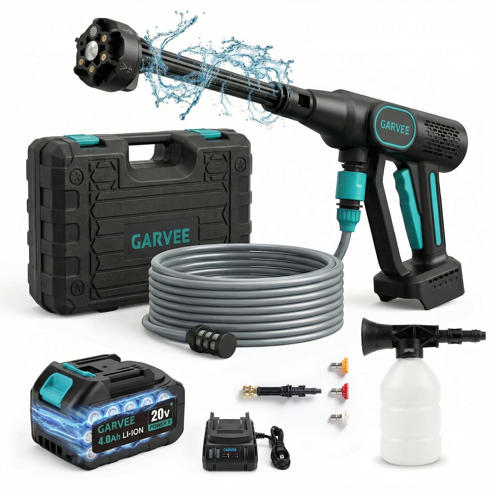 Garvee Portable Cordless Pressure Washer 20V 4.0Ah Battery 500 PSI 6-in-1 Nozzle
