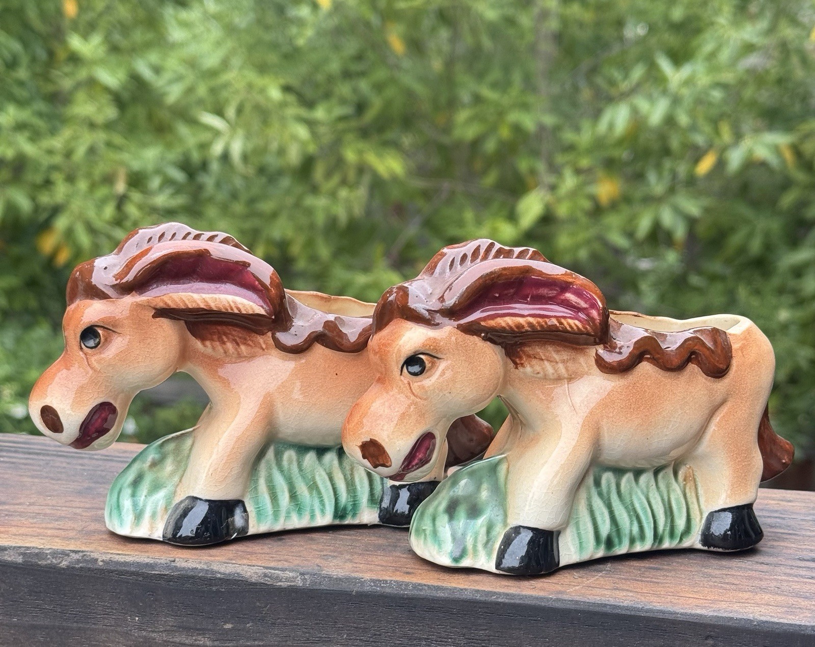 Set Of 2 Vintage Ceramic Donkey/Burro W/Basket Planters Japan 6” X 4” Set Of 2 Vintage Ceramic Donkey/Burro W/Basket Planters Japan 6” X 4”