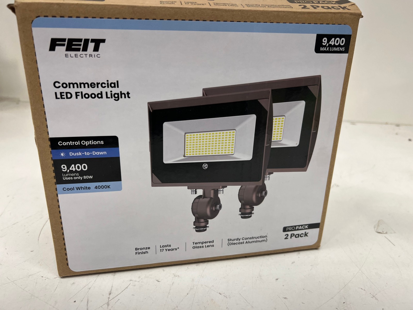 2pk Feit Electric 9400 Lumen Dusk-Dawn 4000K Bronze LED Commercial Flood Light