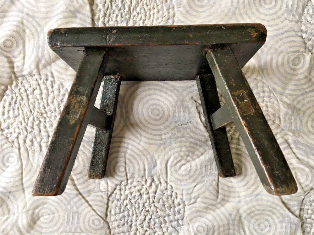 Antique 19th Century Vermont Monochrome Hardwood Footstool Original Green Paint Antique 19th Century Vermont Monochrome Hardwood Footstool Original Green Paint