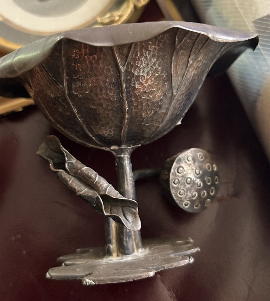 c1890's Japanese Meiji Period Bronze? Silver?Ikebana Lotus Blossom Bowl