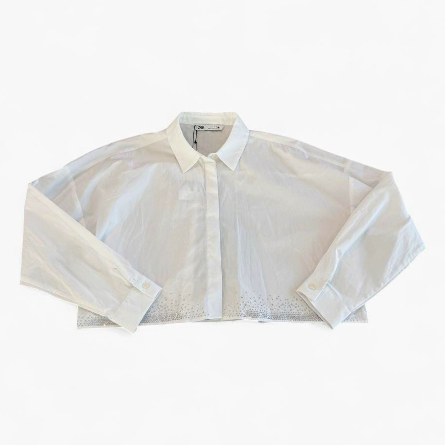 NWT ZARA White Cropped Button-Up Shirt, Long Sleeve, Rhinestone Hem, Size L