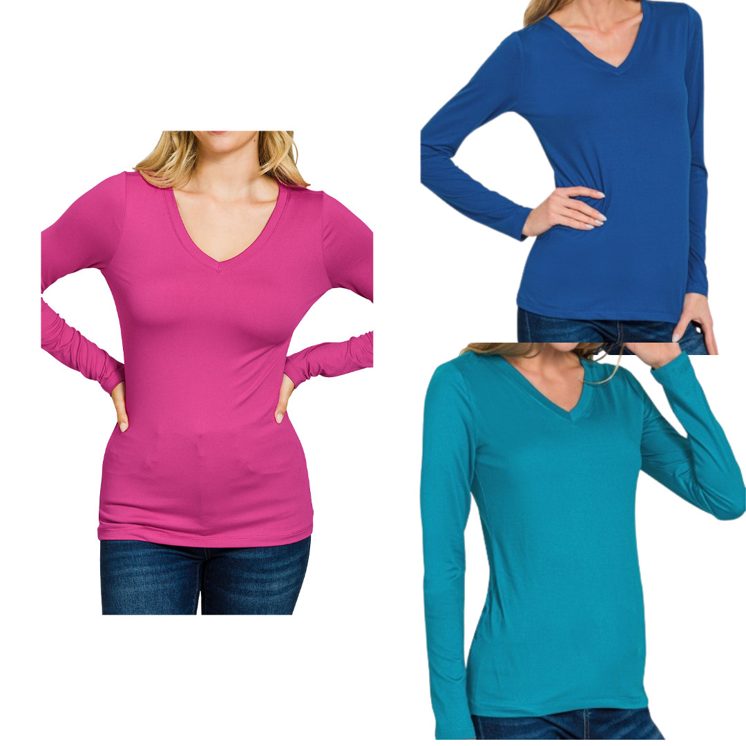 Zenana Brushed DTY Microfiber Long Sleeve V-Neck Tee | Buttery Soft Top