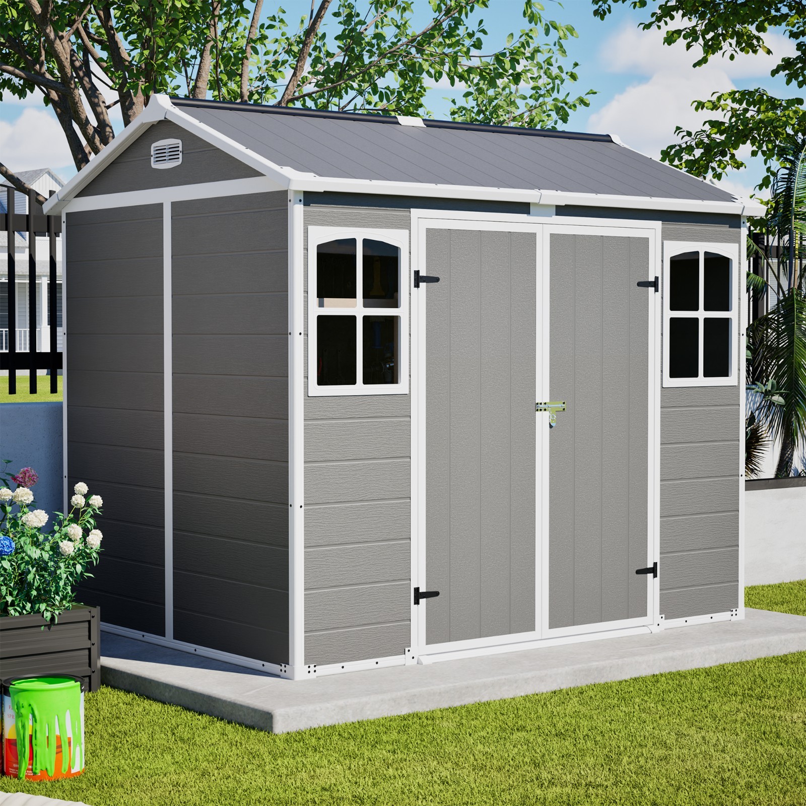8x6FT Outdoor Resin Storage Shed w/Lockable Doors Plastic Shed w/Floor &Window