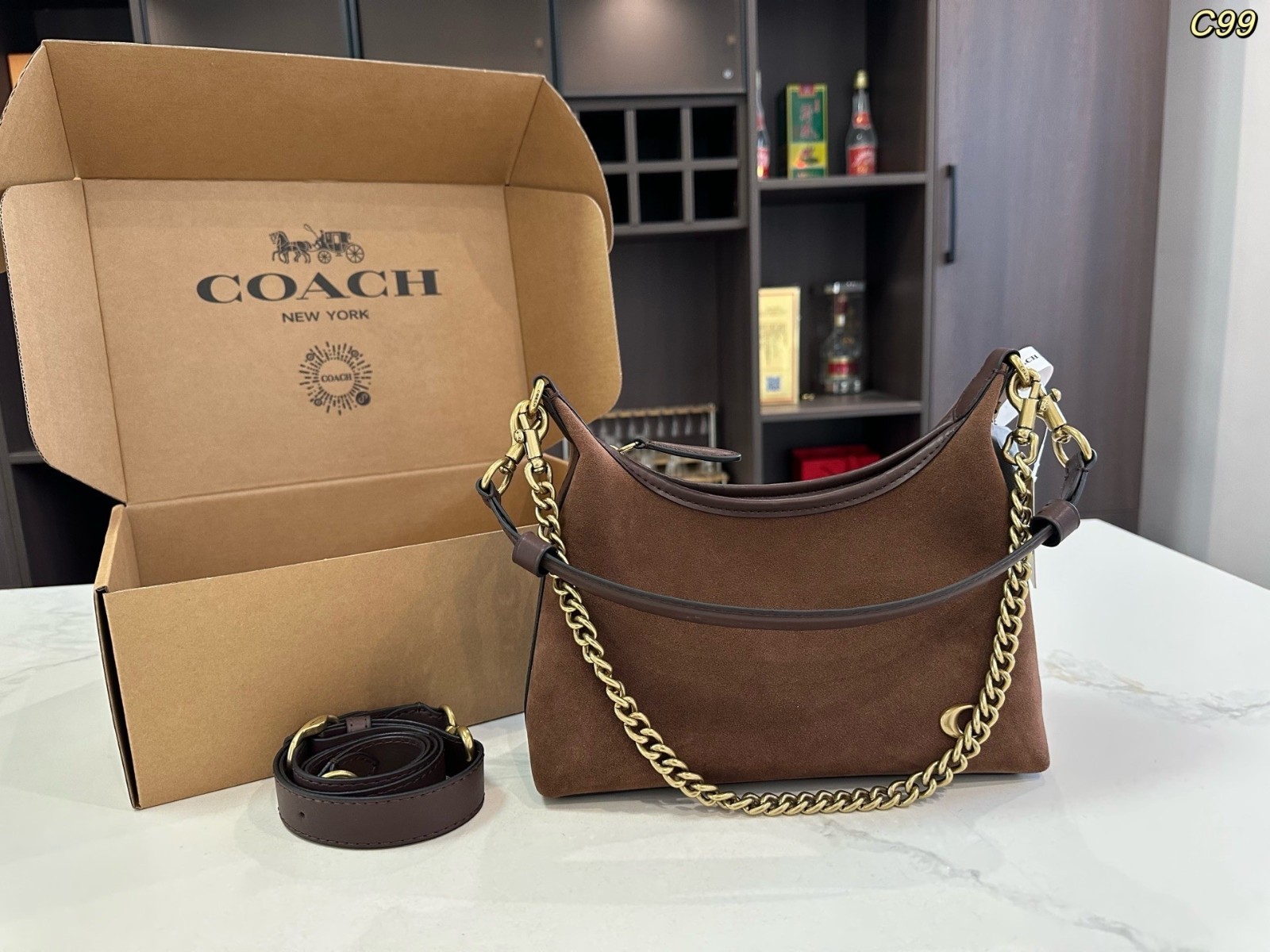 COACH high quality dark brown suede shoulder Bag soft crescent bag crossbody bag