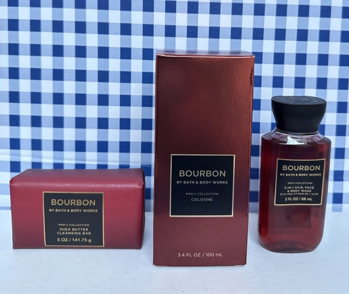3X ~ Bath & Body Works ~ BOURBON ~ Full-size Men's Cologne, Bar Soap & Travel 3X ~ Bath & Body Works ~ BOURBON ~ Full-size Men's Cologne, Bar Soap & Travel