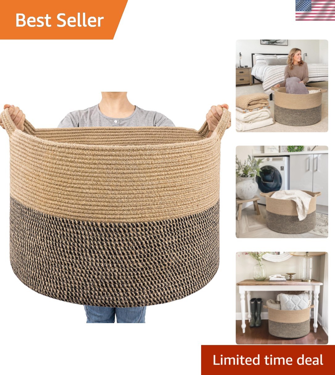 Large Wicker Basket for Blankets, Baby Toy Storage Basket, 85L