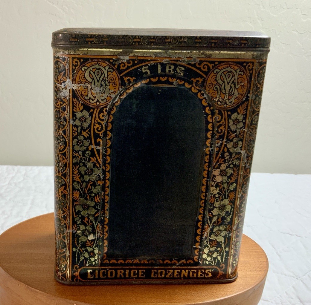 Antique Advertising Tin, National Licorice Co., Licorice Lozenges, 5 #, Glass