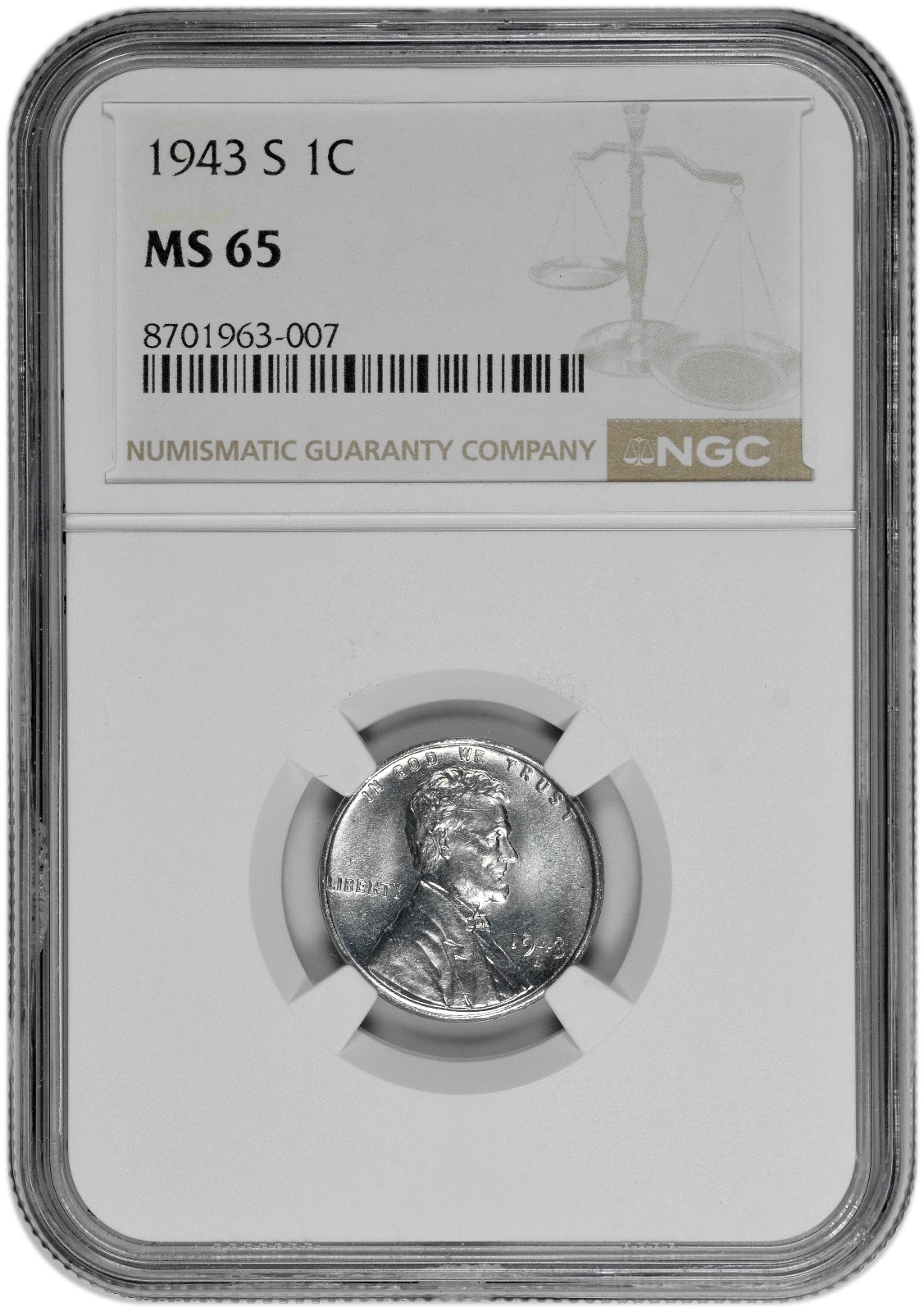 1943 S 1c Lincoln Steel Wheat Cent NGC Graded MS 65 in New Holder
