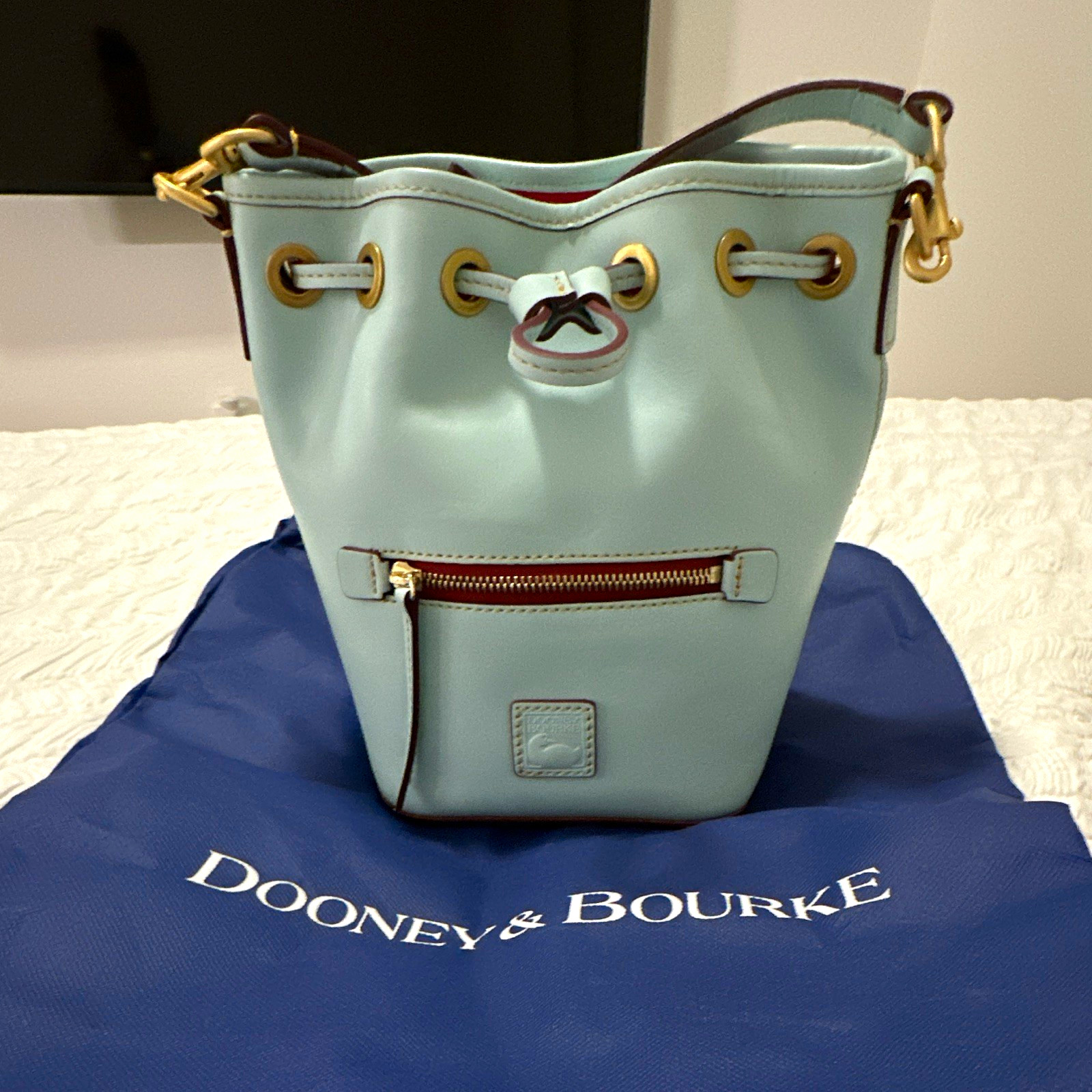Dooney & Bourke Blue Bucket Drawstring Shoulder Bag Zip Accent Red Lining