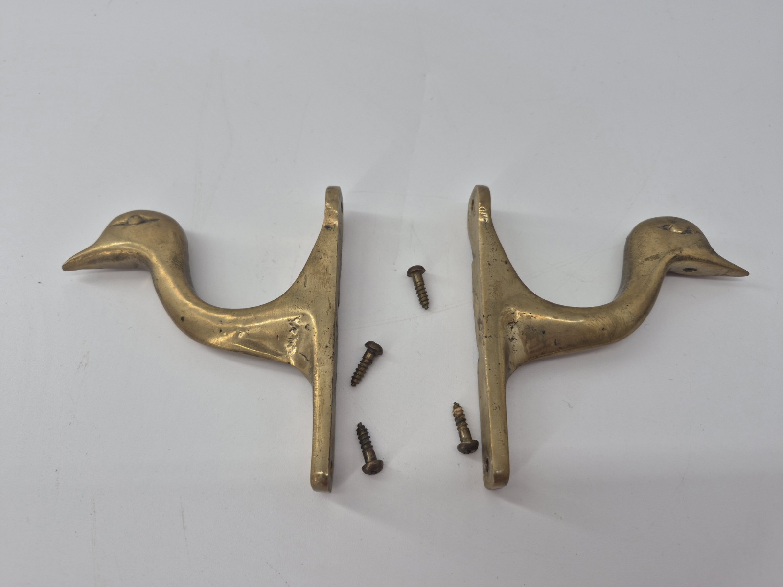 Vintage Solid Brass Duck Goose Wall Hooks Pair MCM Coat Towel Hooks w Screws