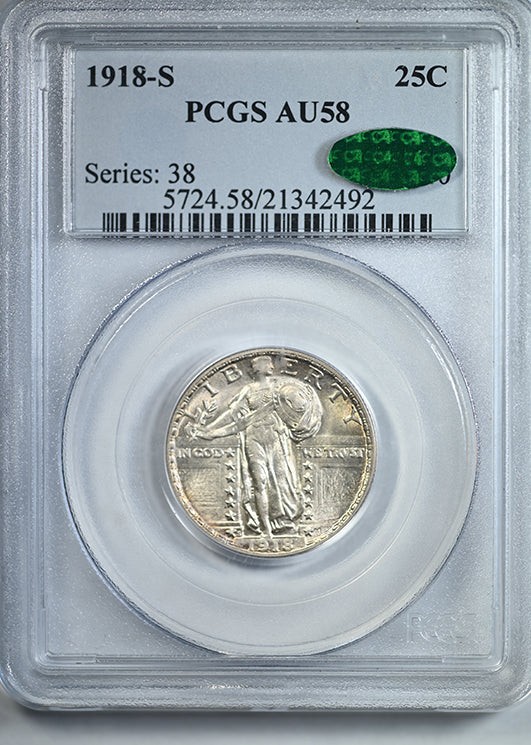 1918-S Standing Liberty Quarter 25C PCGS AU58 CAC 1918-S Standing Liberty Quarter 25C PCGS AU58 CAC