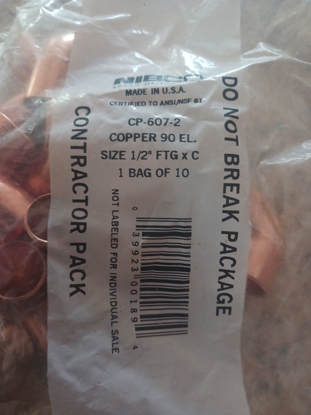 ( BAG OF 10) NIBCO CP-607-2 COPPER 90 ST. ELBOW SIZE 1/2 ( BAG OF 10) NIBCO CP-607-2 COPPER 90 ST. ELBOW SIZE 1/2