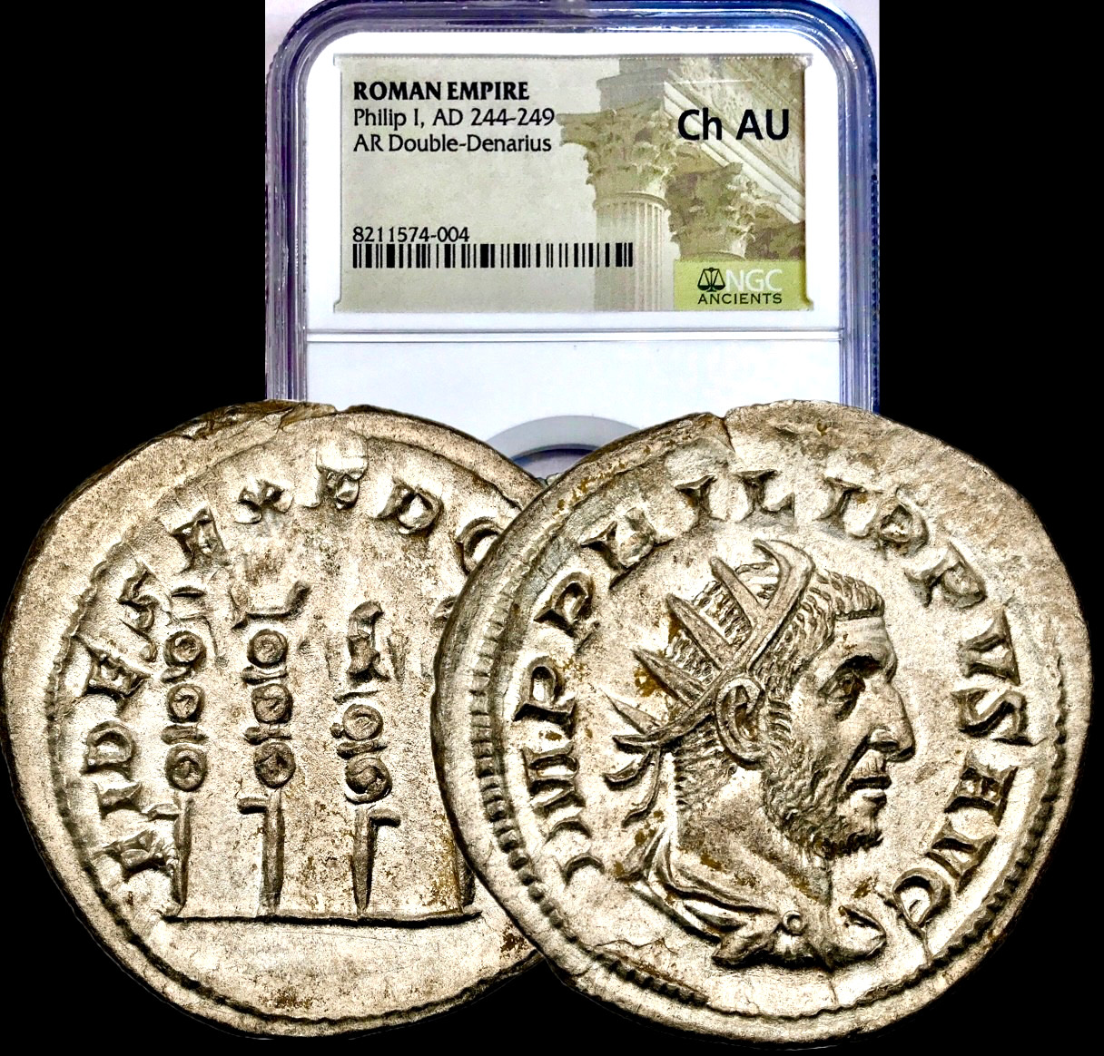 244-249 AD Philip I Ancient Roman Silver Dbl Denarius Legionary Eagle NGC Ch AU
