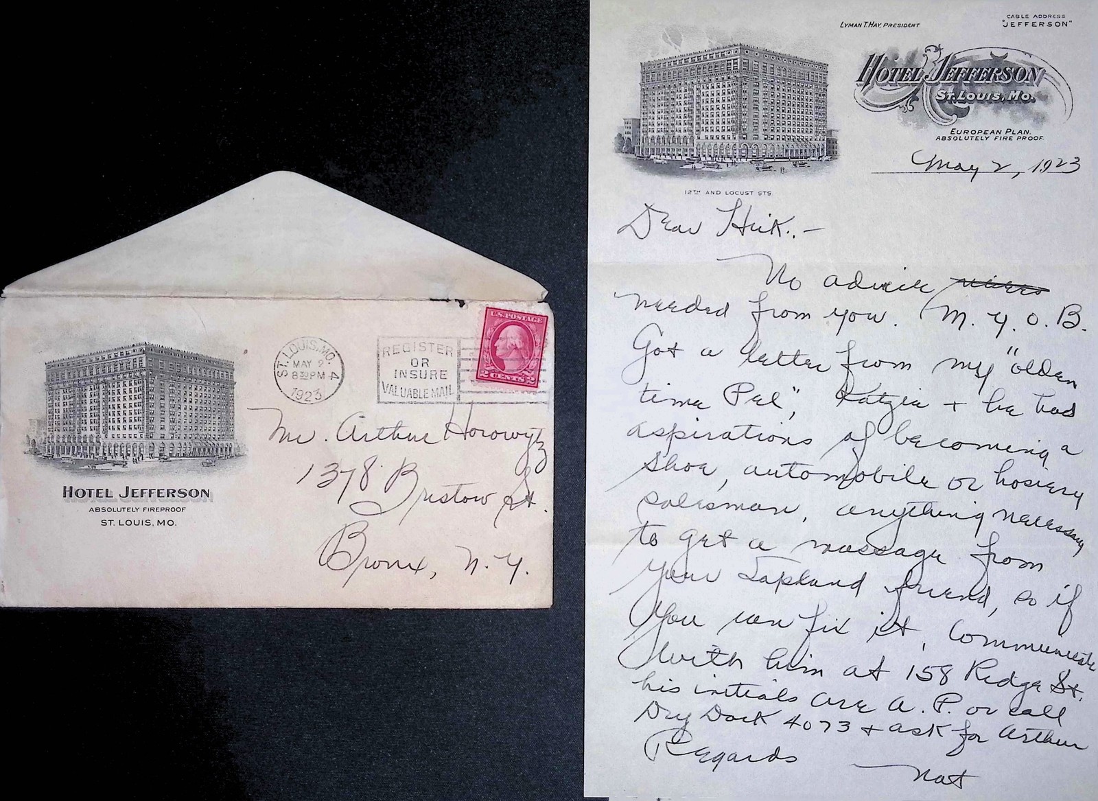 Hotel Jefferson Letter 1923 St Louis MO Handwritten Stationery Envelope Hotel Jefferson Letter 1923 St Louis MO Handwritten Stationery Envelope