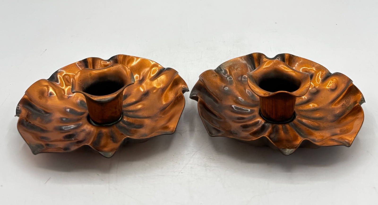 Vtg Gregorian Hand Wrought Copper Candle Holder Ruffled Rustic Set of 2 USA MCM
