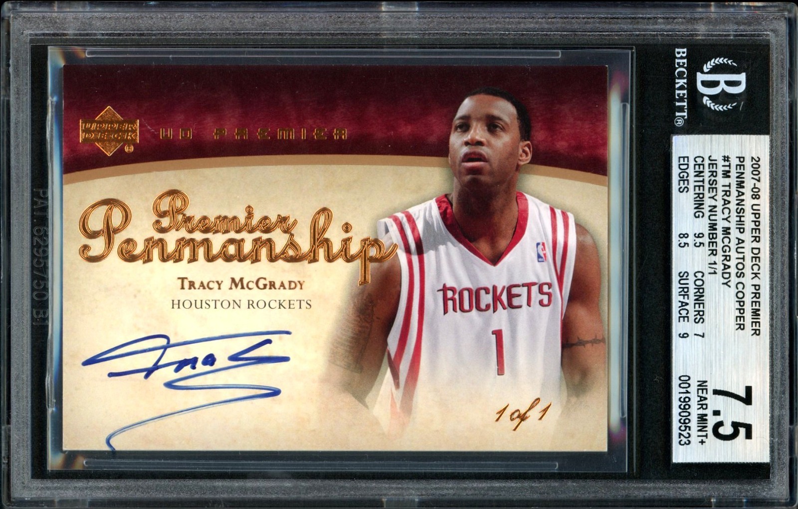 2007 UPPER DECK UD PREMIER TRACY McGRADY HoF PENMANSHIP AUTO BGS 7.5 COPPER 1/1
