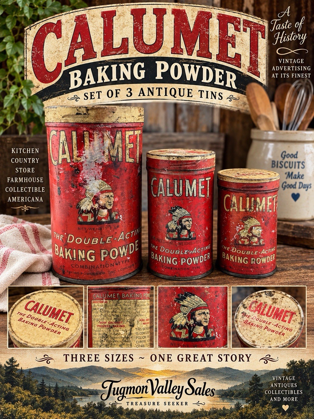 Antique Calumet Baking Powder Tins Set of 3 Red Advertising General Store