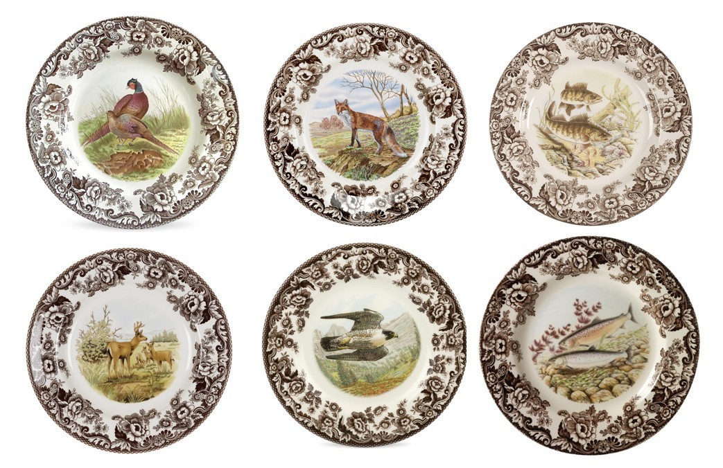 Spode woodland set of 6 X dinner plates- 6 unique inc fish falcon -----3733-----