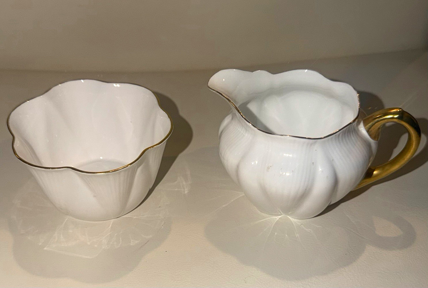 Shelley Fine Bone China White & Gold Trim Creamer Sugar Bowl Set w/ Handles