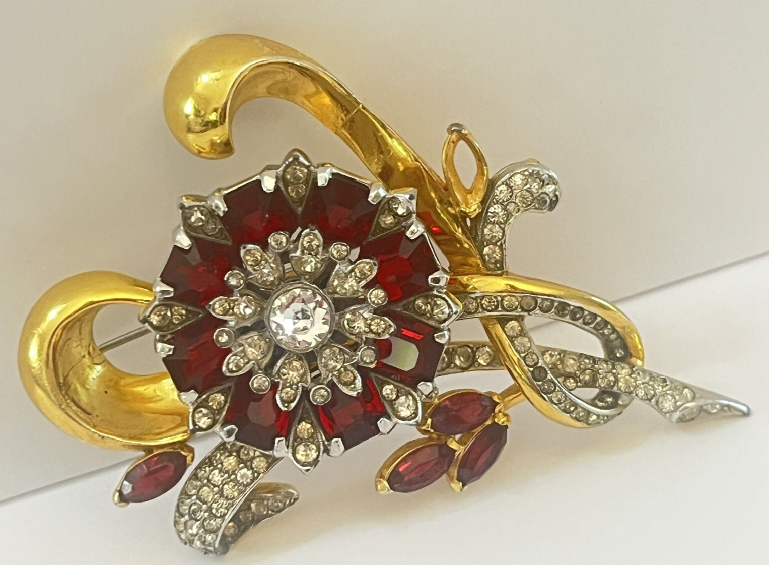 Vintage CoroCraft Brooch Flower Red Rhinestone Estate Jewelry As Is REPAIR Huge