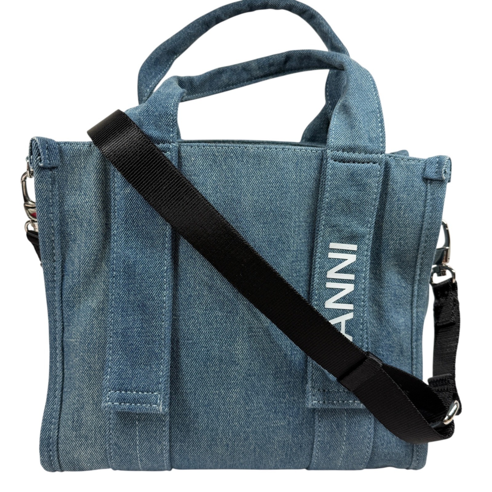 Ganni Tech Denim Tote Bag Small Crossbody Logo Print Handbag Ganni Tech Denim Tote Bag Small Crossbody Logo Print Handbag