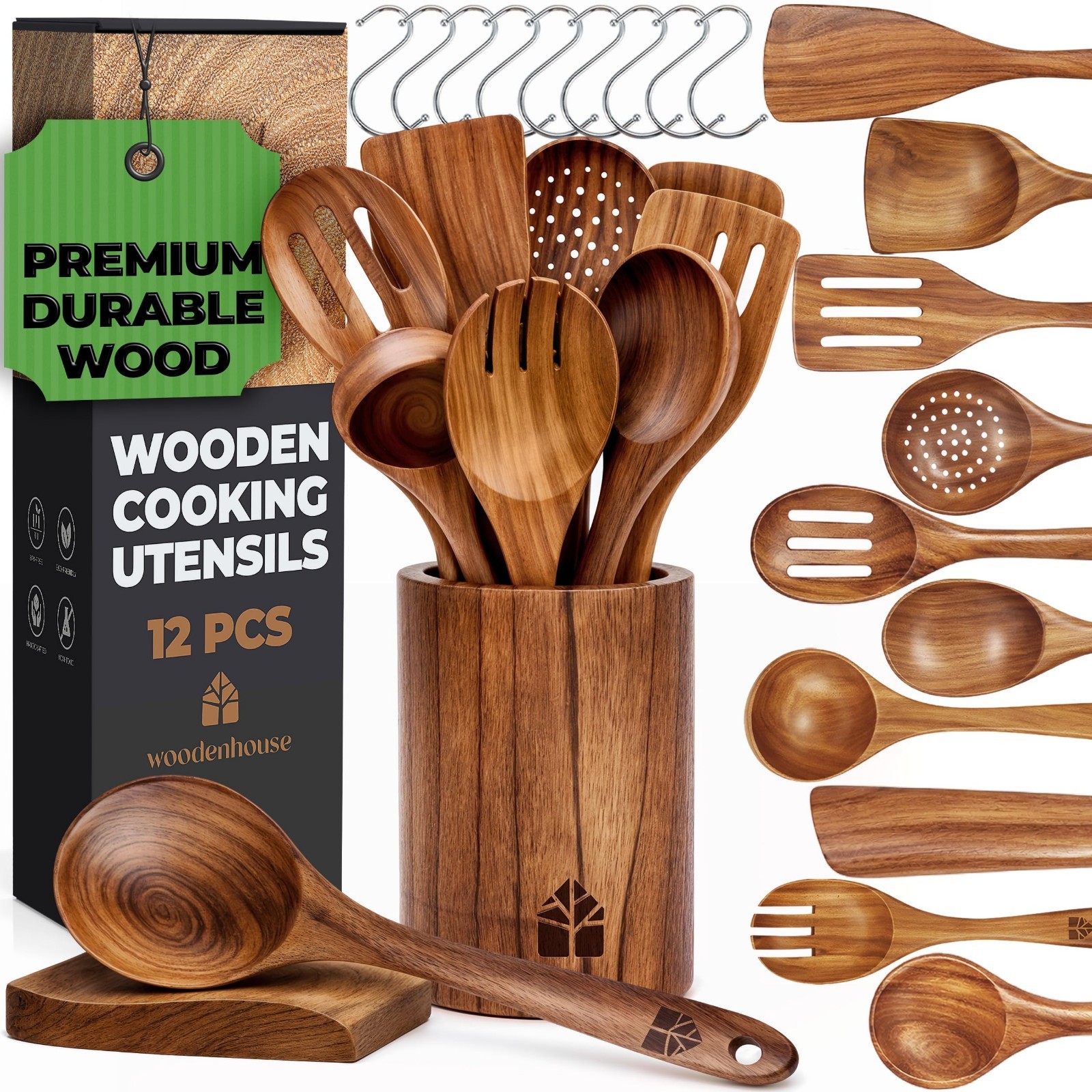 12 Pcs Wooden Cooking Spoons Set, Teak Utensils with Holder & Hooks for Kitchen 12 Pcs Wooden Cooking Spoons Set, Teak Utensils with Holder & Hooks for Kitchen