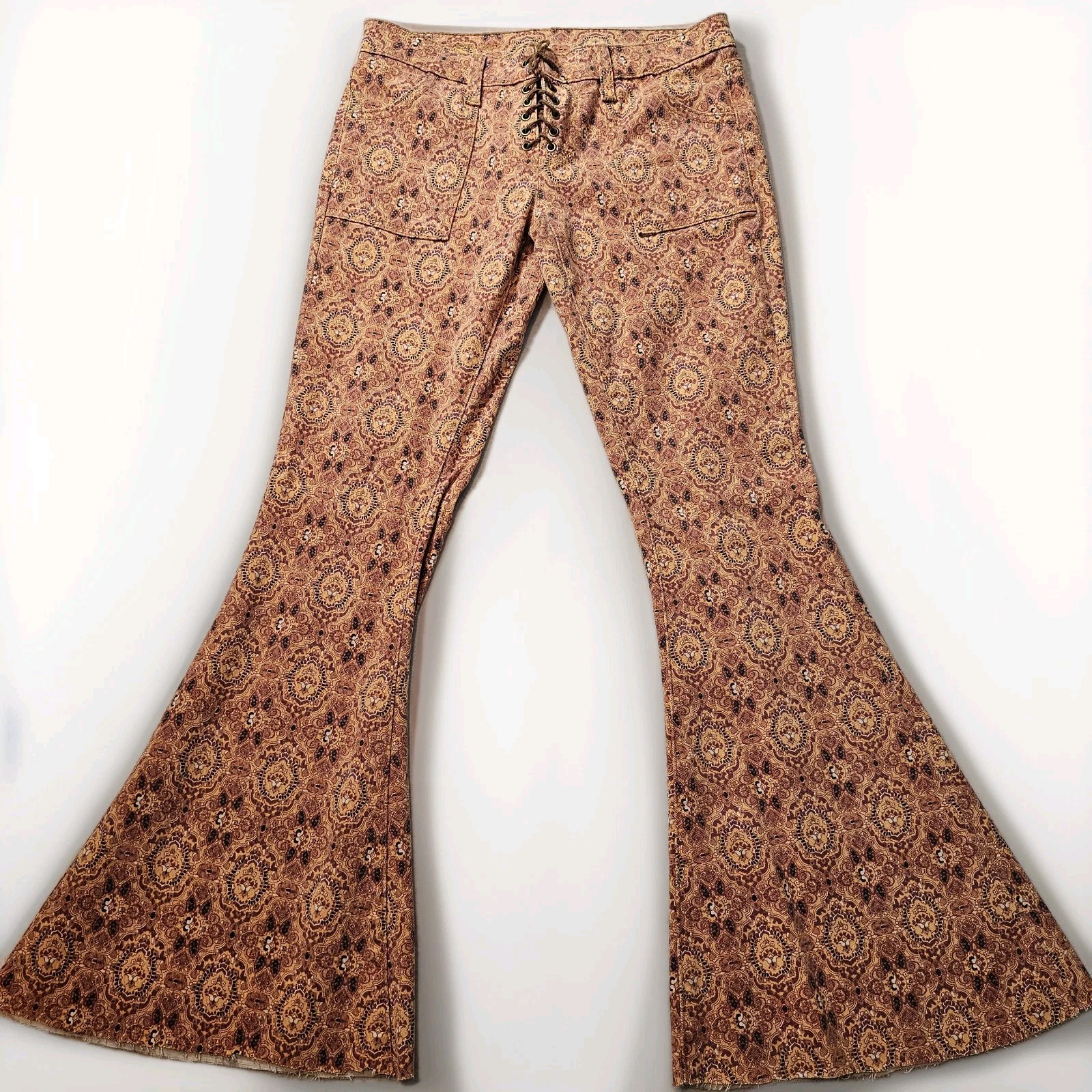 RARE Carmar LF Mosaic Lace Up Flare Pants Women 25x27 Boho Jacquard Made in USA 