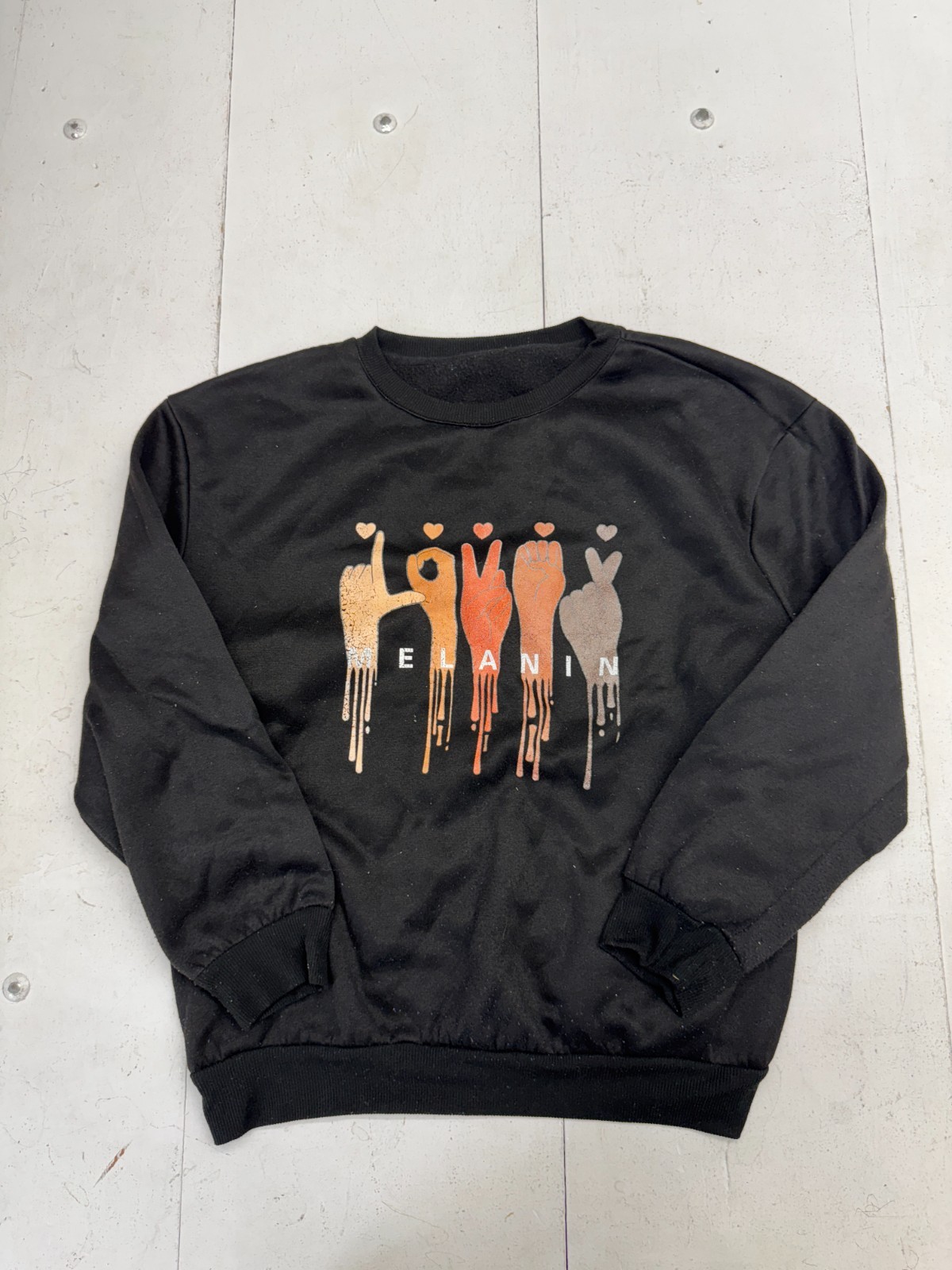 Shein Solid Black Melanin Print Pullover Crew Neck Sweat Shirt Womens Size XL