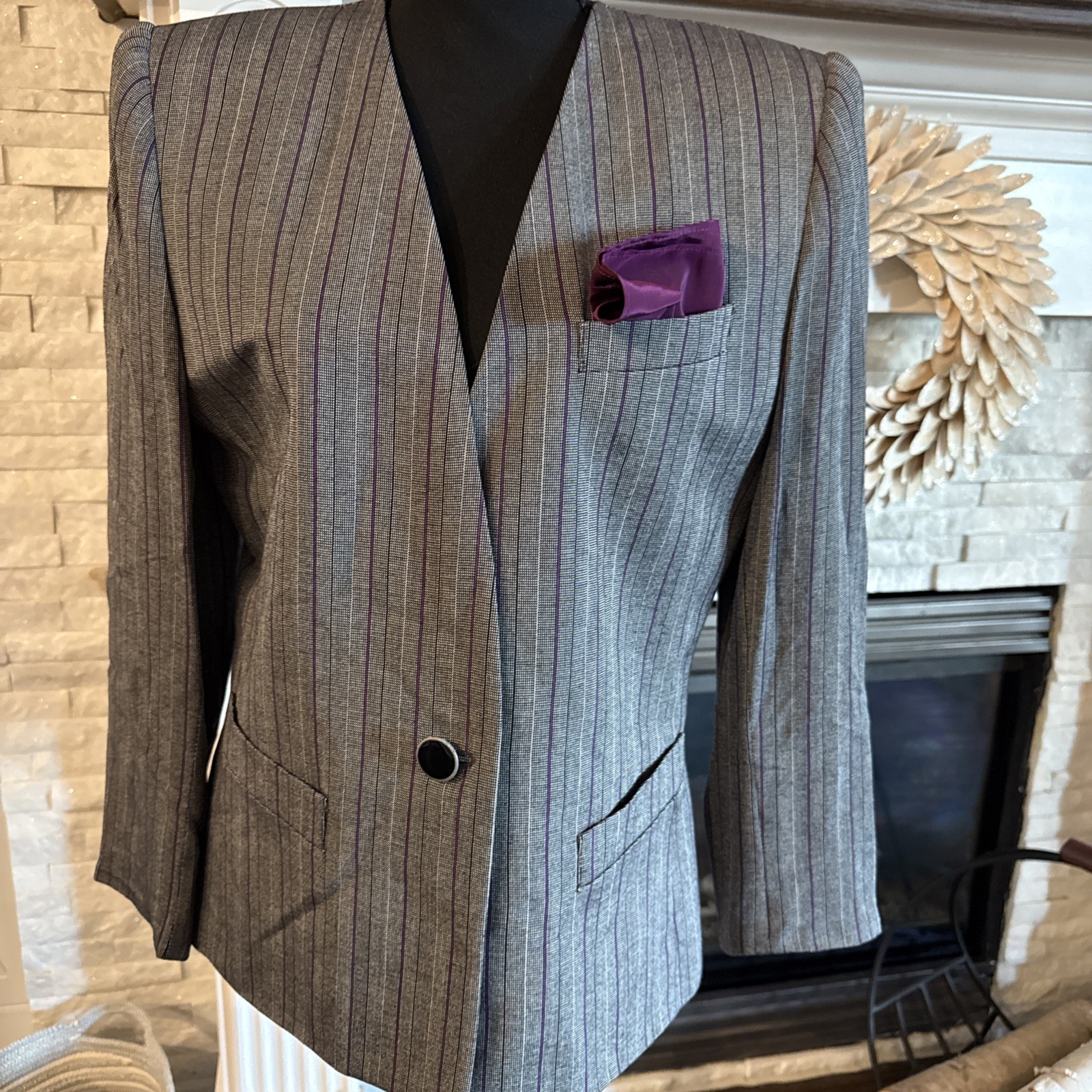 VTG Stirling Cooper  Size 10 Gray & Purple Striped Blazer W Handkerchief
