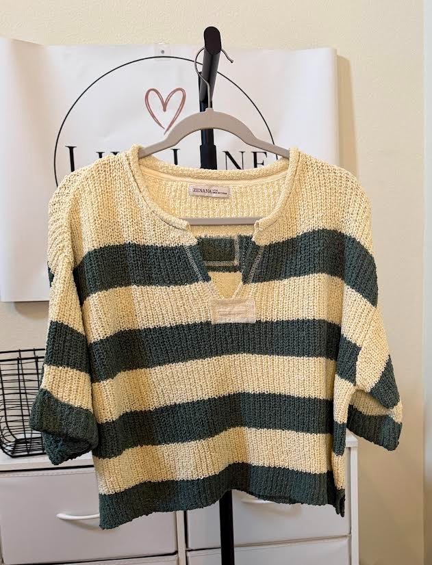 Zenana Women’s Striped Knit Sweater Top Olive Cream S/M and L/XL