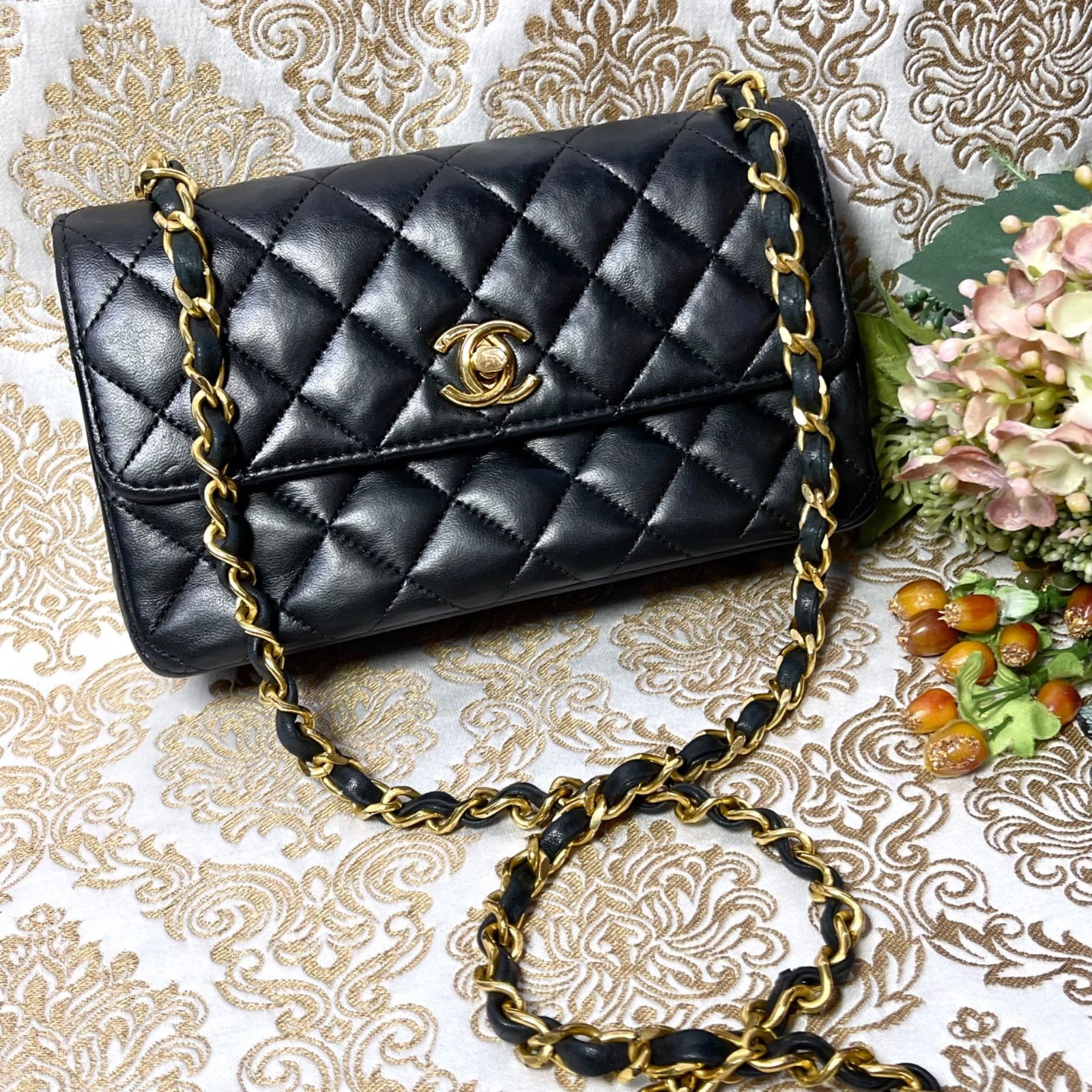 Authentic CHANEL Vintage Classic Mini Matelasse Turn-lock Chain Bag Black Gold
