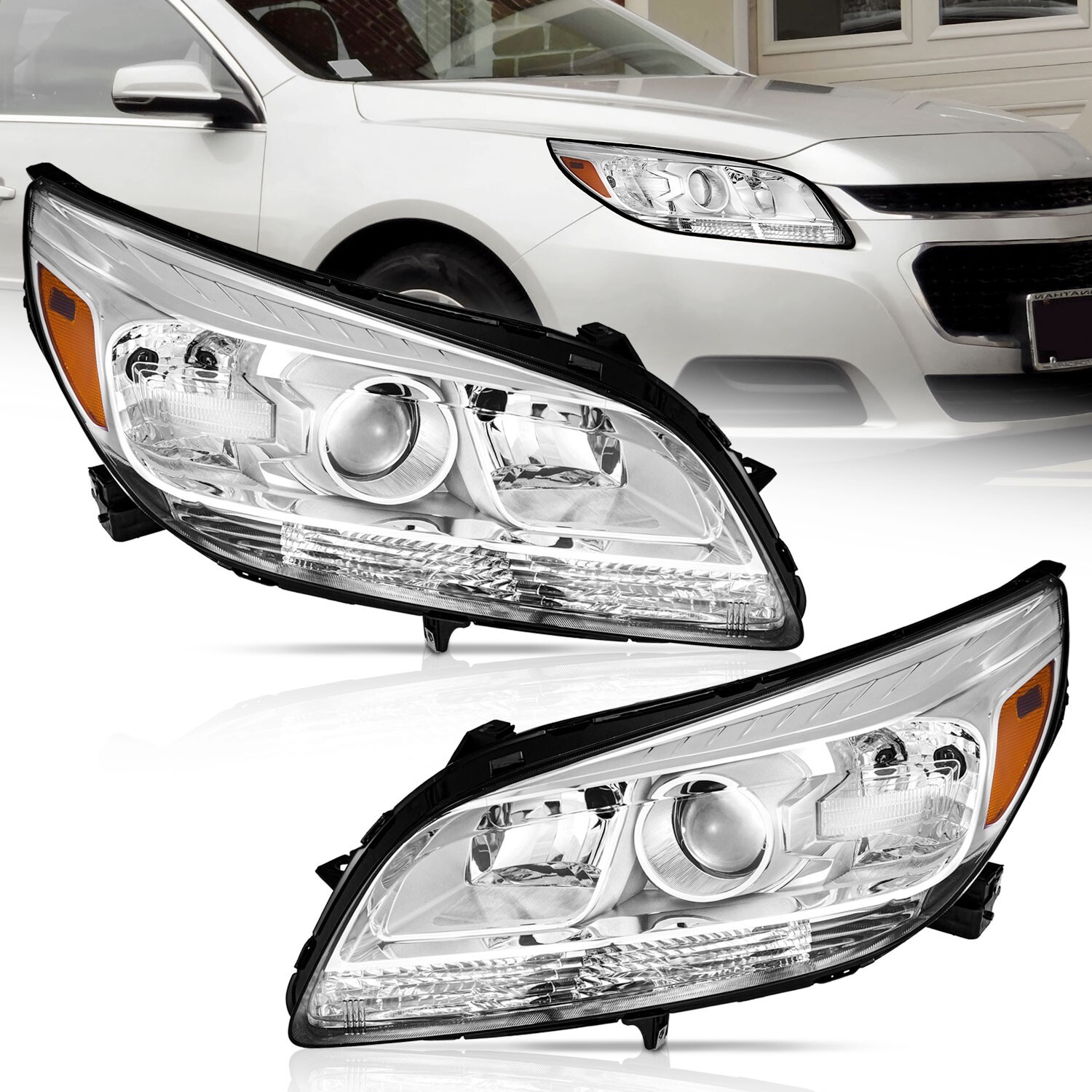 WEELMOTO Pair Headlights For 2013-2015 Chevy Malibu 2016 Limited Chrome Headlamp
