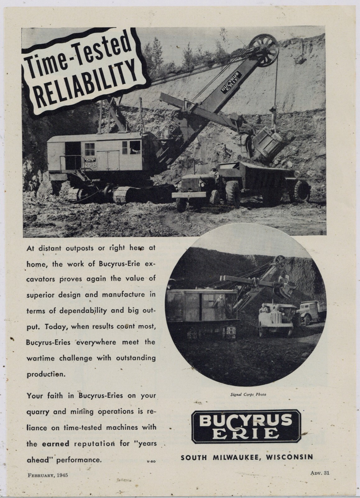 1945 Bucyrus Erie Ad: Model 120-B Crane w/ Euclid in Quarry Operation