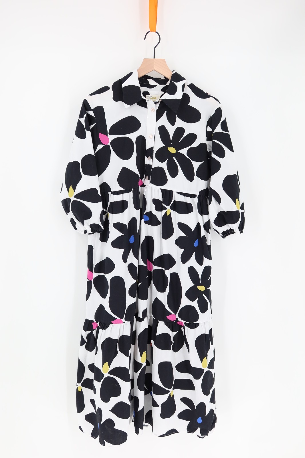 Anthropologie Maeve Bettina Tiered Shirt Dress White Black Floral Sz XS Pockets Anthropologie Maeve Bettina Tiered Shirt Dress White Black Floral Sz XS Pockets