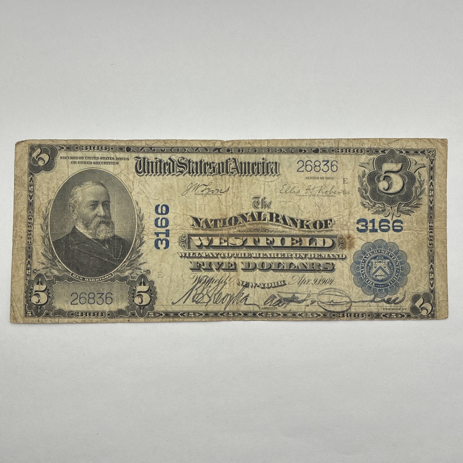 1902 $5 National Bank Note Westfield New York Plain Back
