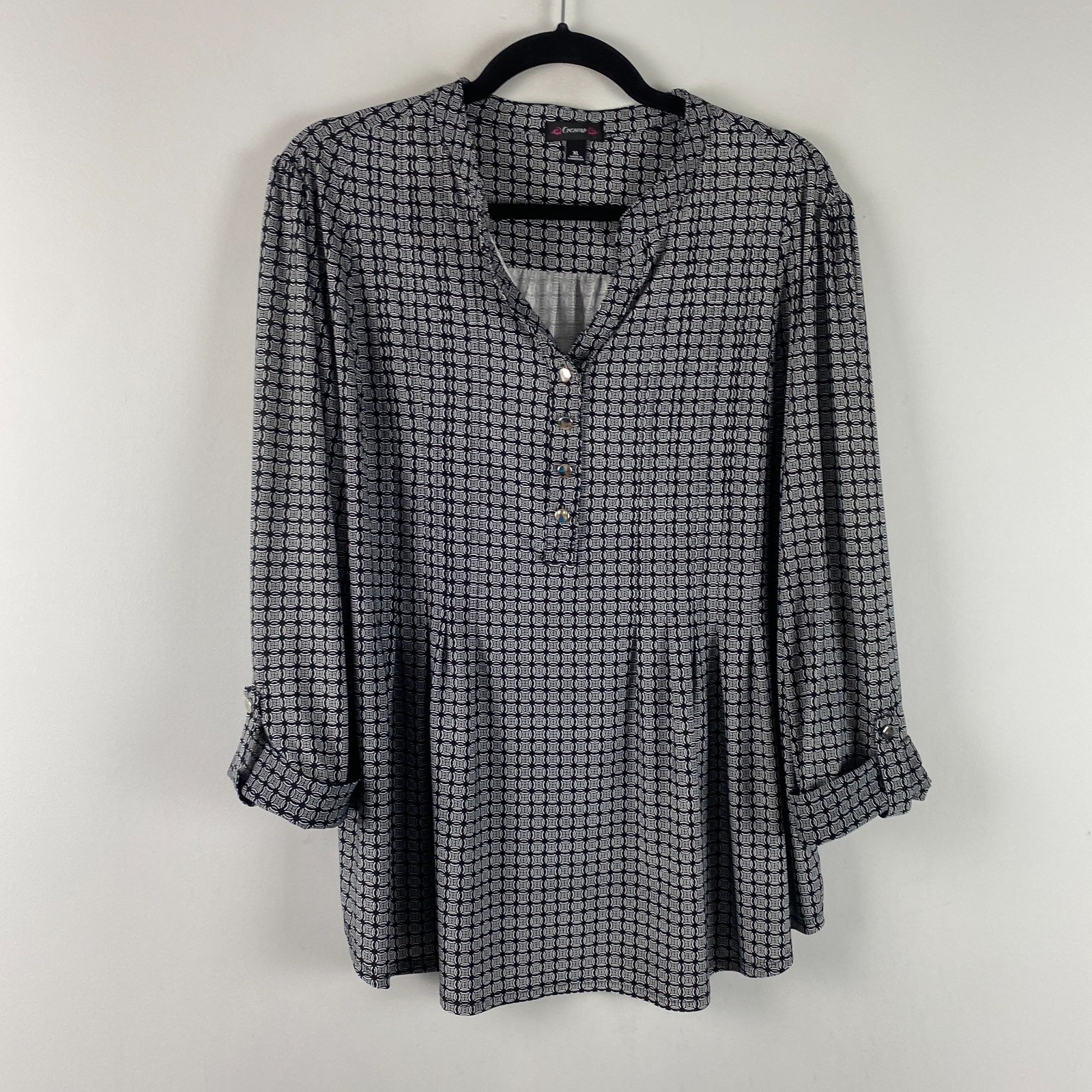 Cocomo Popover Blouse Size XL Black White Stretch 3/4 Sleeves