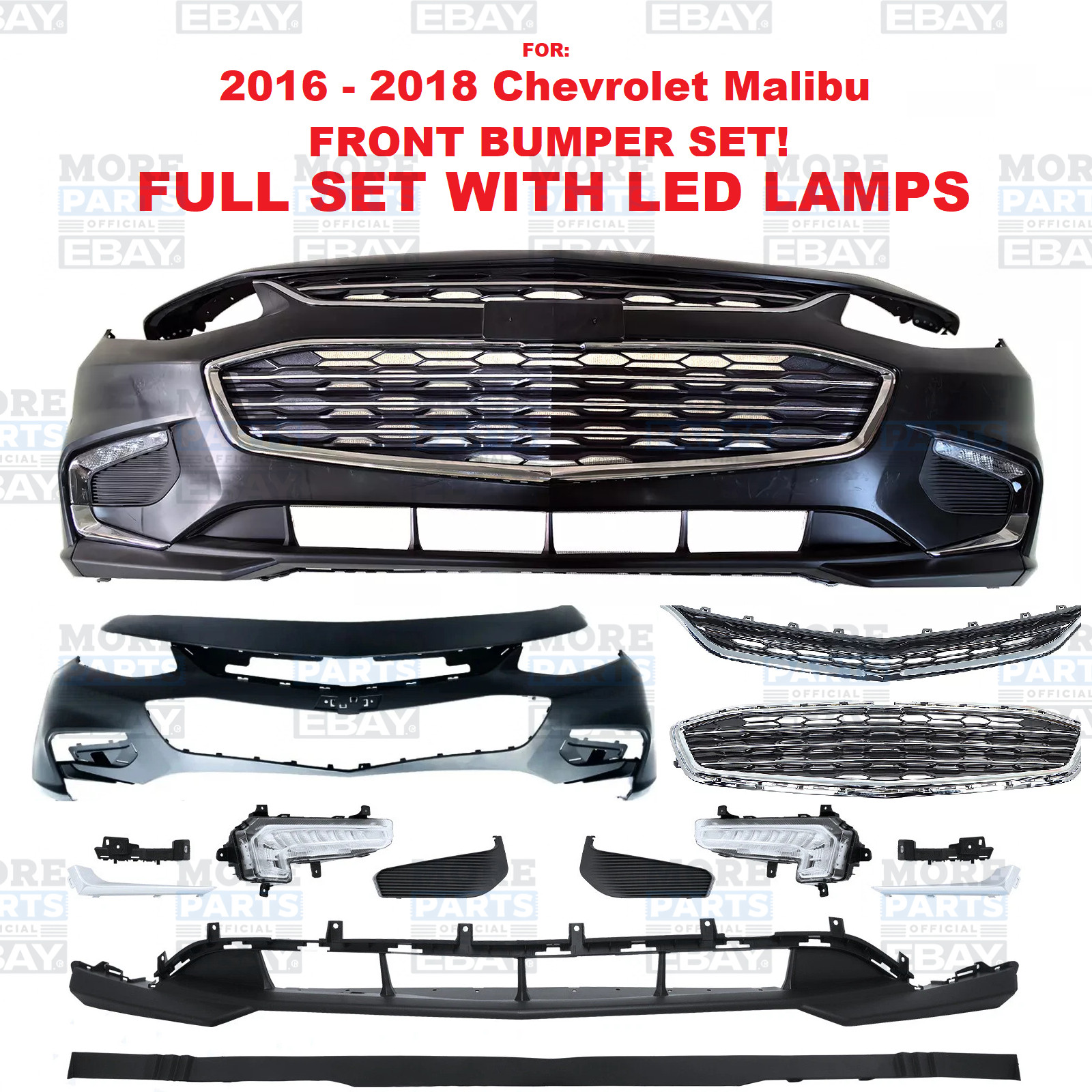 Front Bumper For 2016-2018 Chevy Malibu Cover With Valance Grille Fog Light Trim