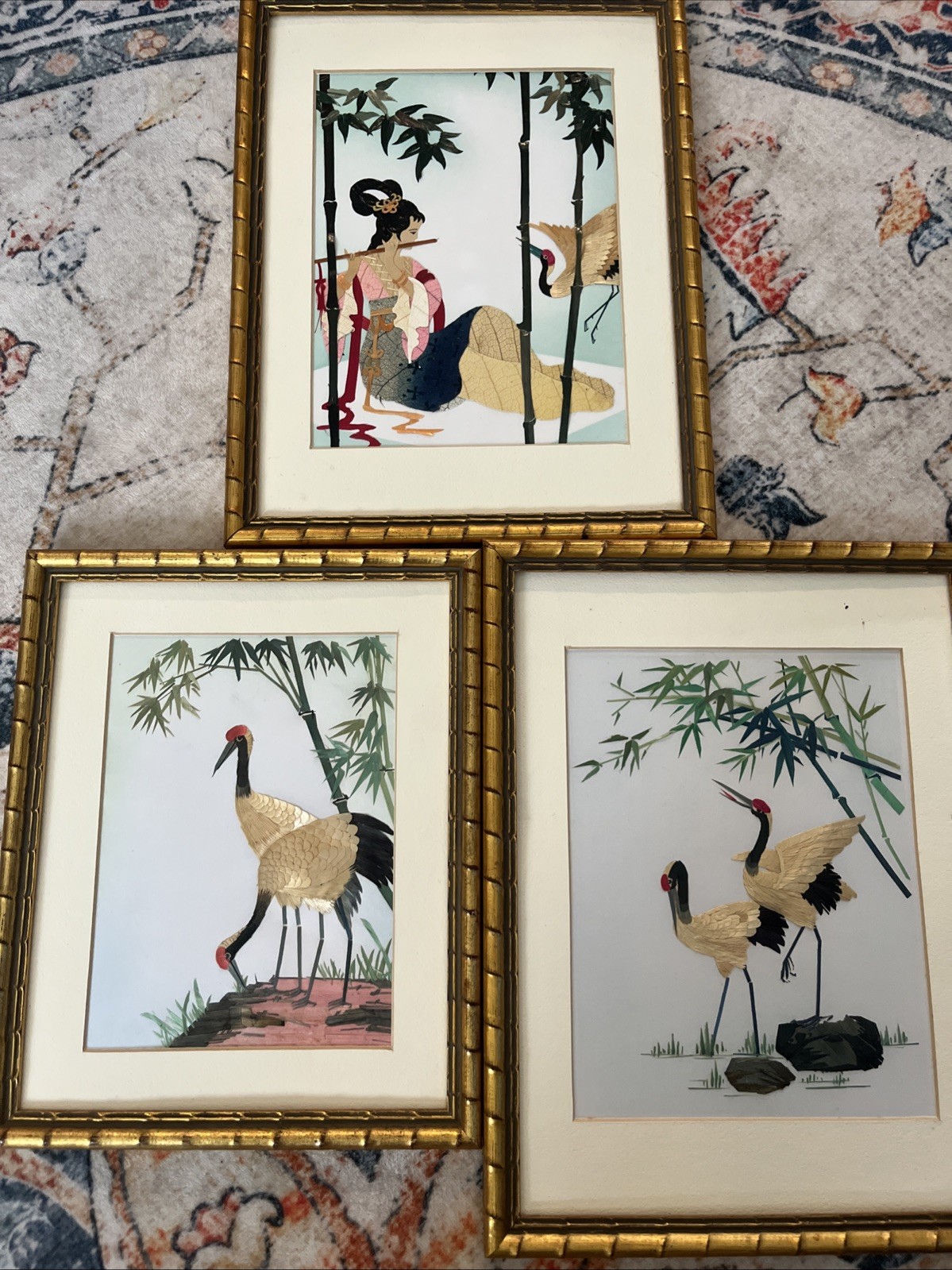 Asian Straw Art-Lady And Cranes Hand Cut & Painted, Gold Bamboo Framed Asian Straw Art-Lady And Cranes Hand Cut & Painted, Gold Bamboo Framed