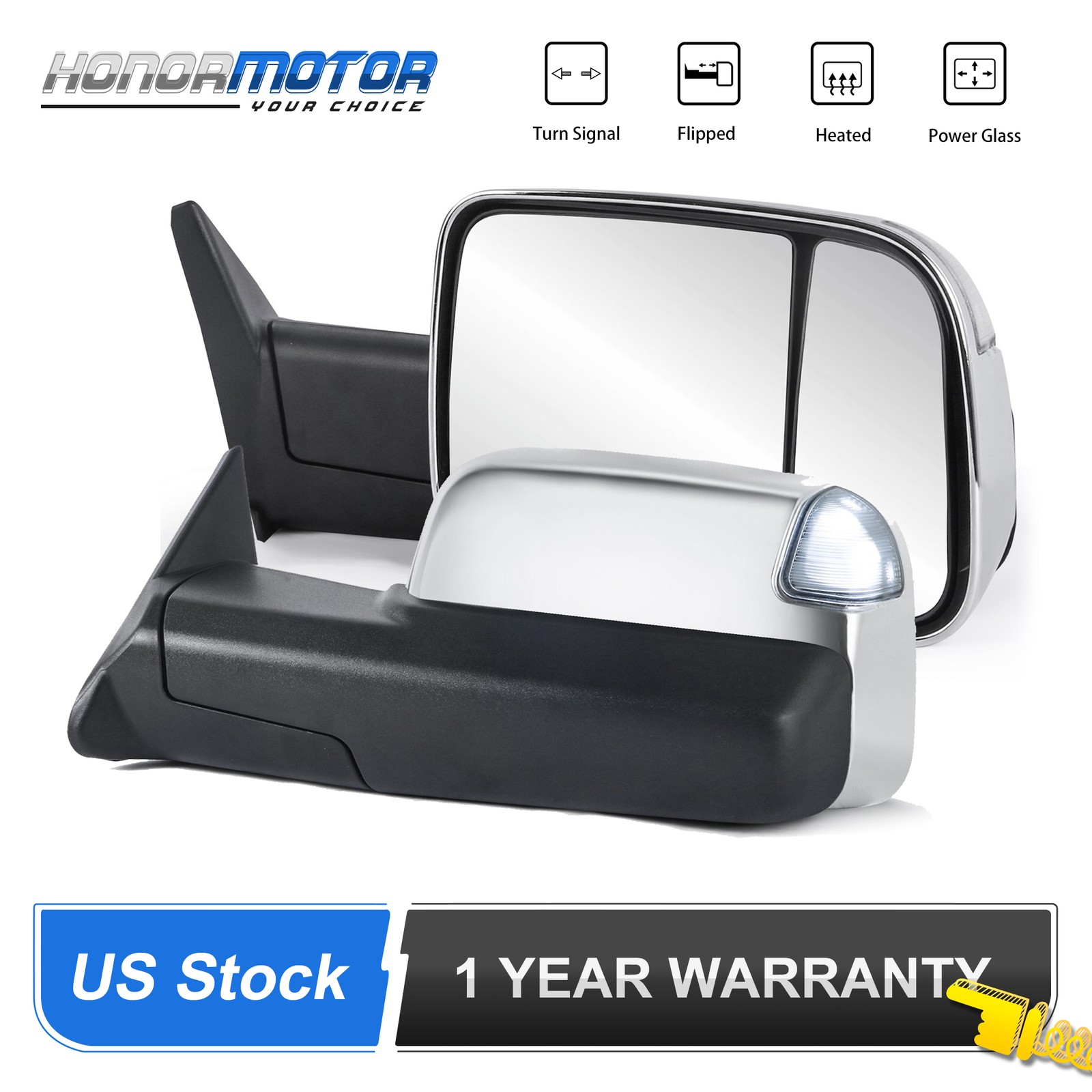 Chrome Pair Power Heated Tow Mirrors for 1998-2002 Dodge Ram White Running Light