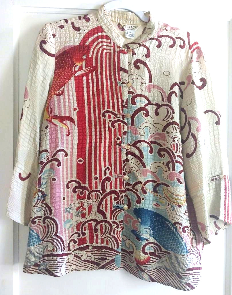 Citron Santa Monica Silk Asian Motif Blouse Tunic M