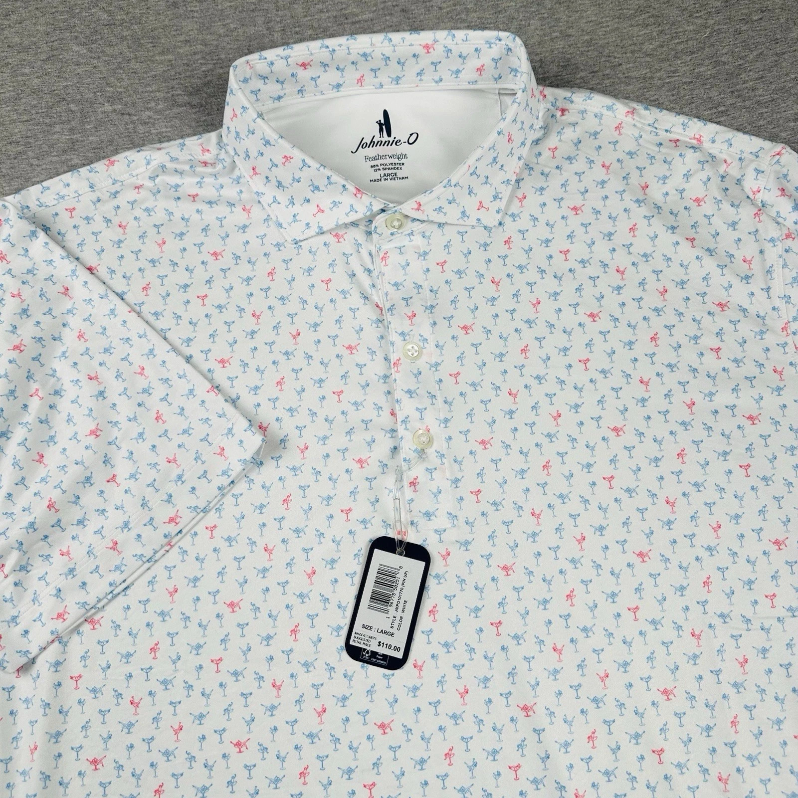 Johnnie-O Featherweight Golf Polo Shirt LARGE Pin Up Girls Cocktail AOP NEW $110