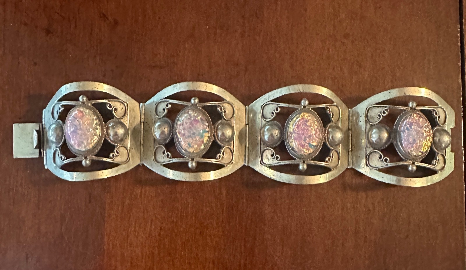 Vintage Mexican Taxco Silver Foil Opal Link Bracelet