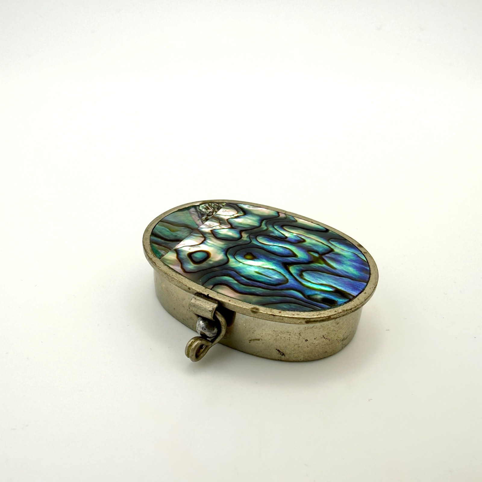 Vintage Mexican Alpaca Abalone Shell Pill Trinket Box Hinged Fob Made Mexico