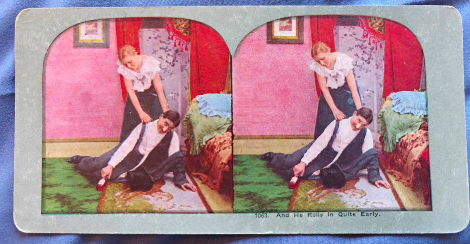 Hand-Tinted Stereoview Card “And He Rolls In Quite Early” Albumen Antique 