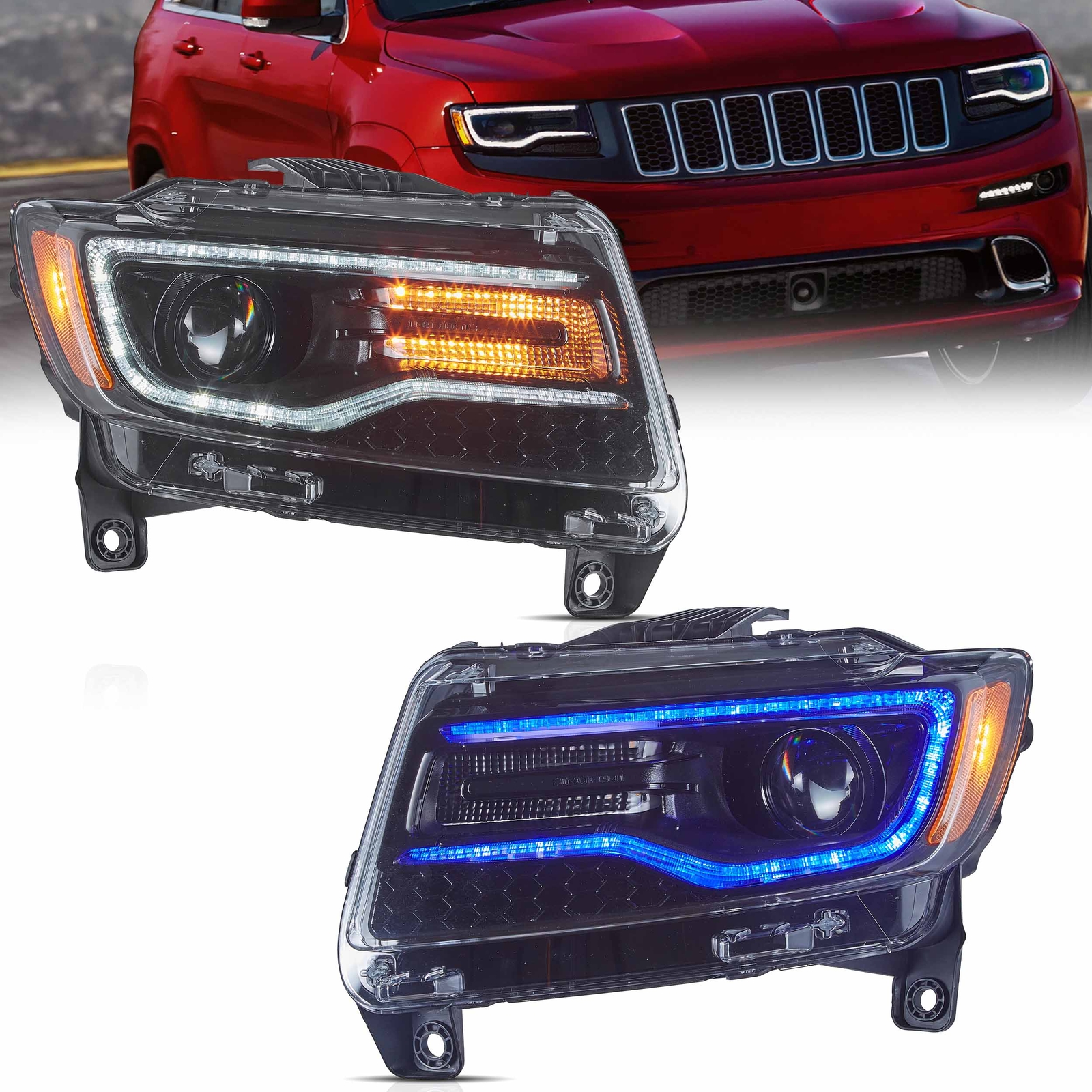 2X VLAND LED Headlights For 2011 2012 2013 Jeep Grand Cherokee W/ Blue Animation